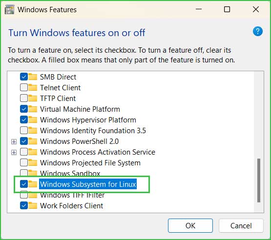 Turn on WSL on Windows Features